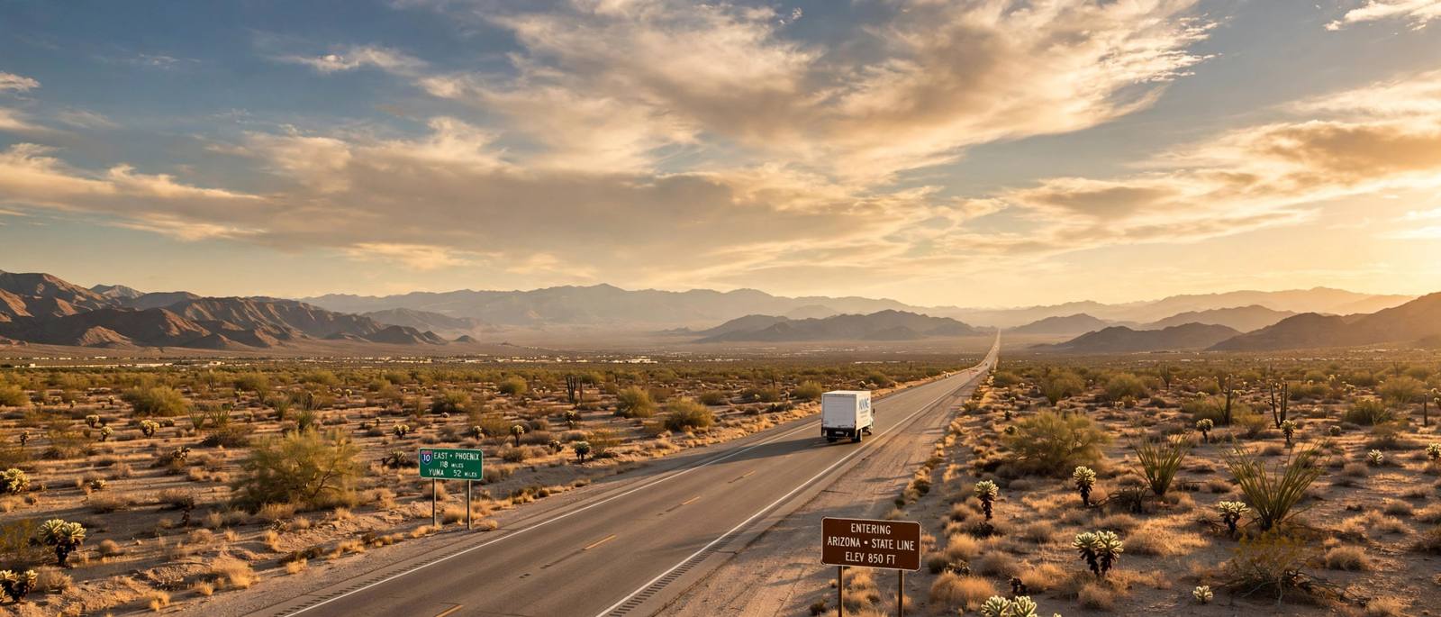 A moving truck on a desert interstate highway between California and Arizona