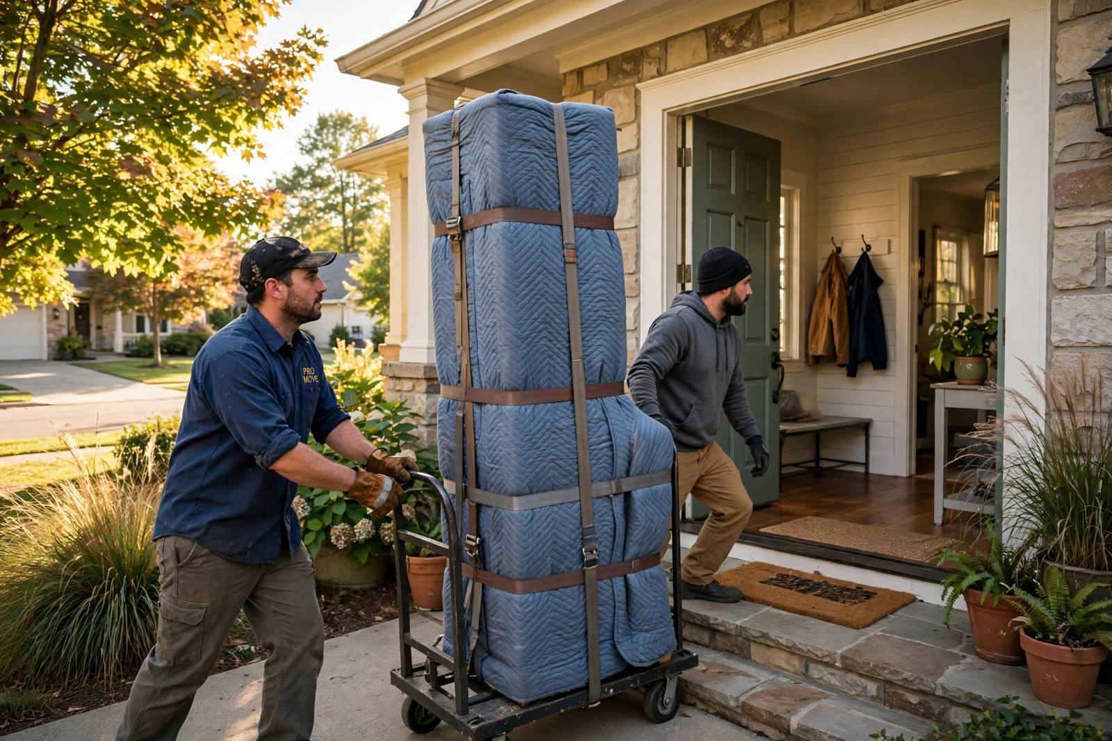 Movers wheeling a fully blanket-wrapped piano on a dolly through a doorway